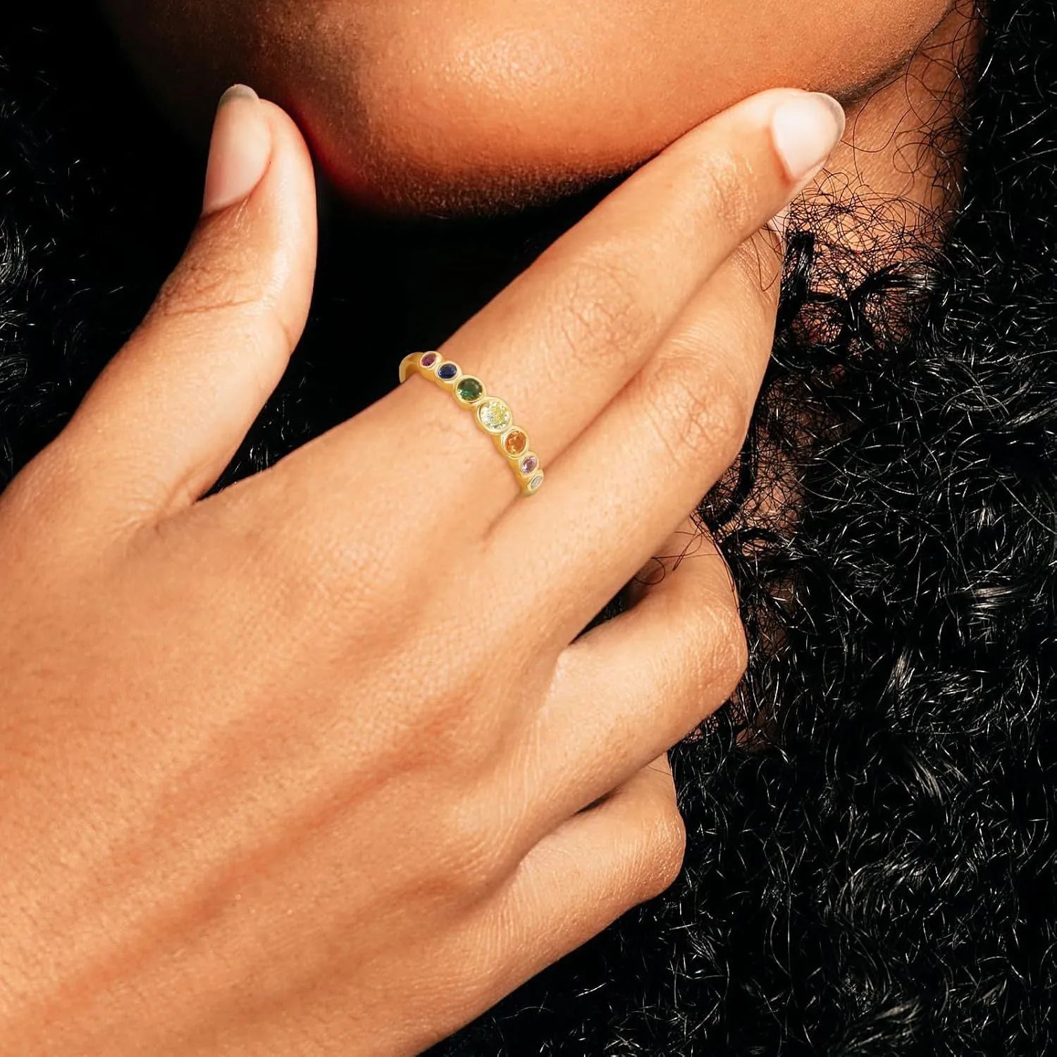 E Gold Rings for Women, 14K Rainbow Band Rings Eternity Thumb Rings Wedding Round Cubic Zirconia CZ Rings Dainty Colorful Rings for Her