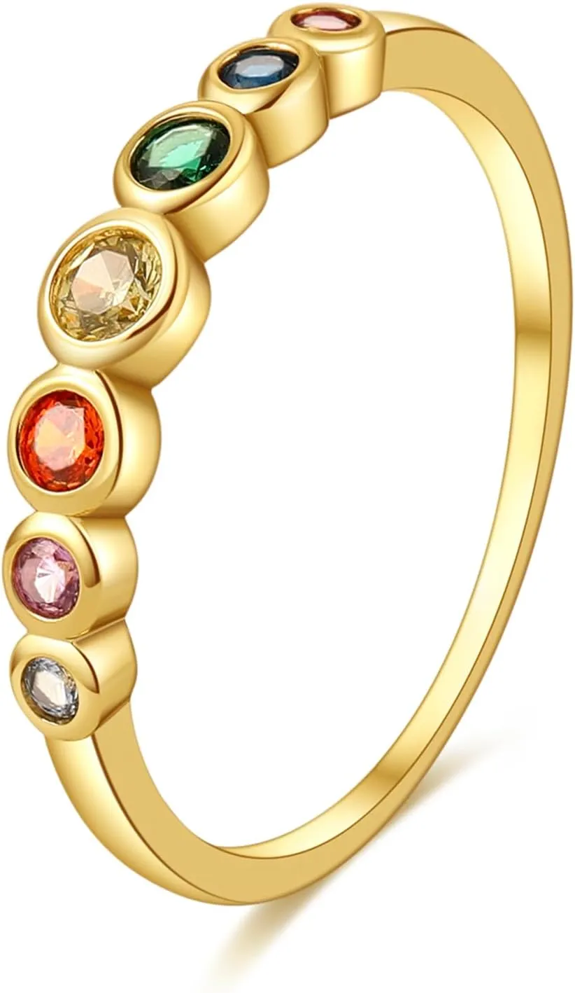 E Gold Rings for Women, 14K Rainbow Band Rings Eternity Thumb Rings Wedding Round Cubic Zirconia CZ Rings Dainty Colorful Rings for Her