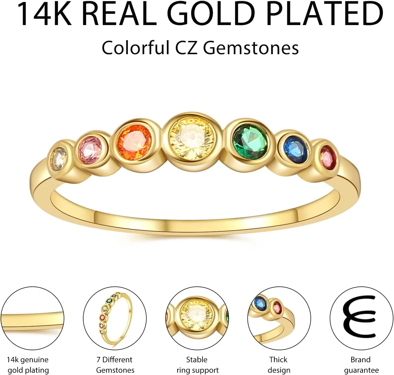 E Gold Rings for Women, 14K Rainbow Band Rings Eternity Thumb Rings Wedding Round Cubic Zirconia CZ Rings Dainty Colorful Rings for Her