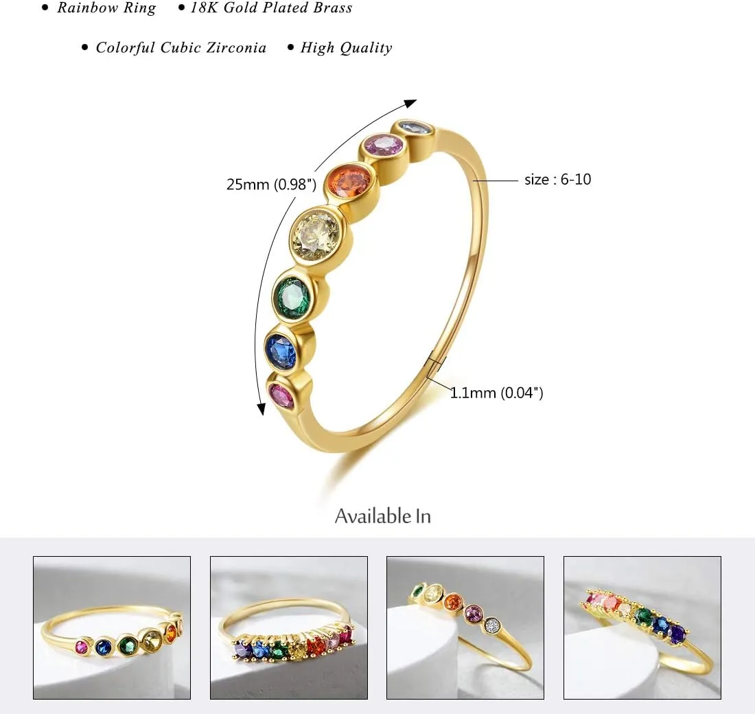 E Gold Rings for Women, 14K Rainbow Band Rings Eternity Thumb Rings Wedding Round Cubic Zirconia CZ Rings Dainty Colorful Rings for Her