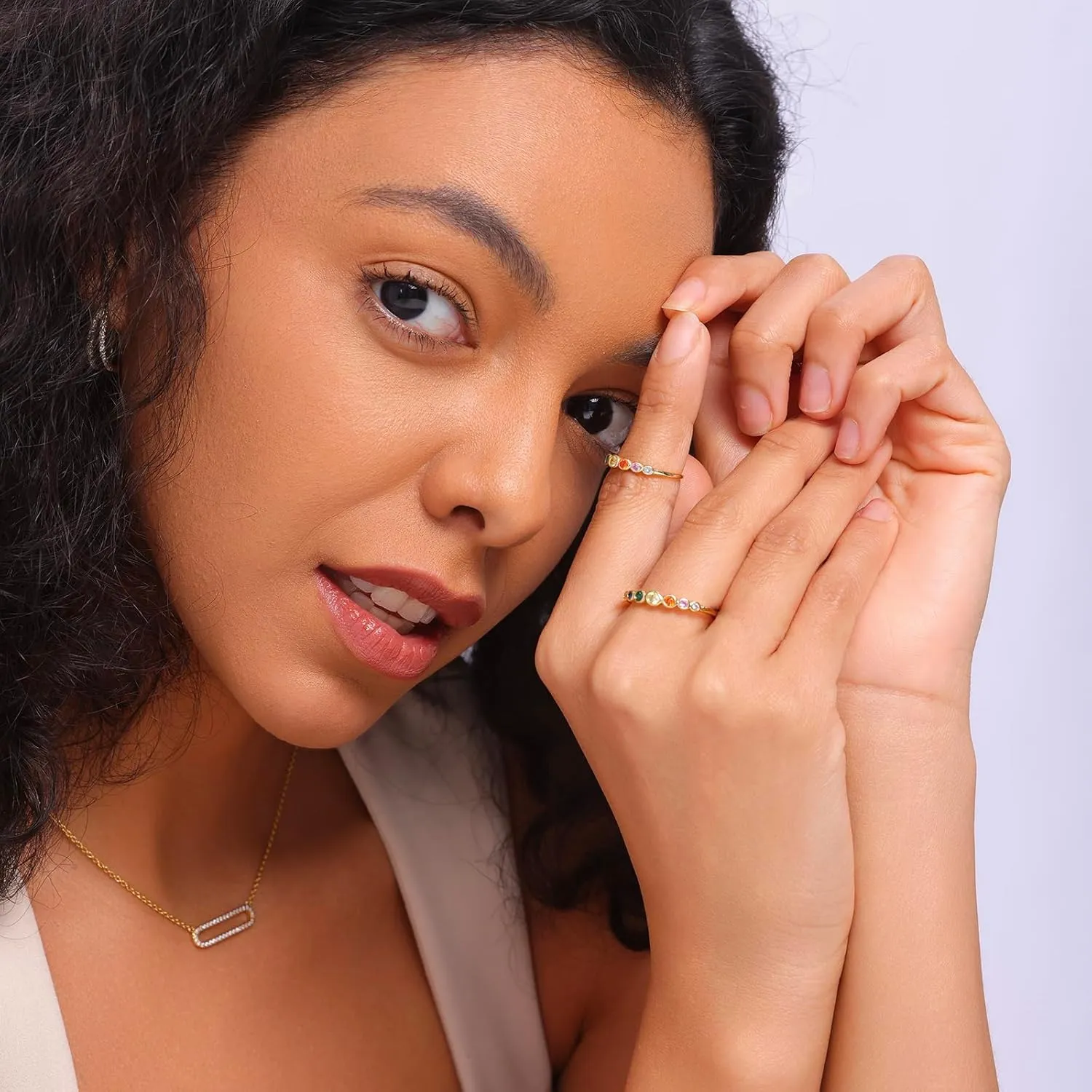 E Gold Rings for Women, 14K Rainbow Band Rings Eternity Thumb Rings Wedding Round Cubic Zirconia CZ Rings Dainty Colorful Rings for Her