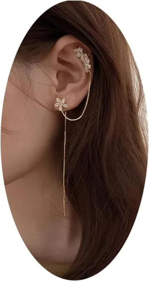 Ear Cuffs Wrap Earrings 925 Silver Dangle Earrings for Women long Tassel Drop Earrings Chain Threader Hanging Earrings (left)