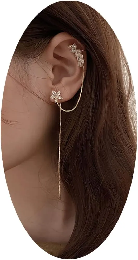 Ear Cuffs Wrap Earrings 925 Silver Dangle Earrings for Women long Tassel Drop Earrings Chain Threader Hanging Earrings (left)