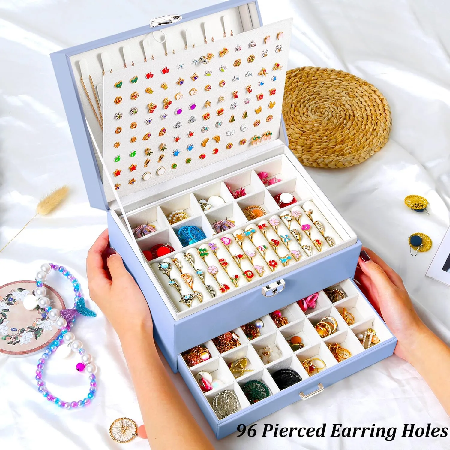Earrings Jewelry Box for Girls, 5 Layers Jewelry Organizer with Earring Holder Organizer for Girls Earring Organizer Jewelry Boxes for Women Earrings and Necklaces Jewelry Box Organizer Blue