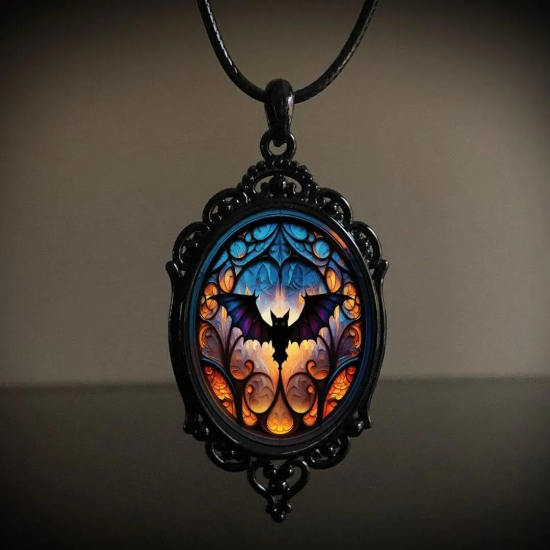 eartif Gothic Bat Glass Pendant Necklace for Women Vintage Gothic Rope Chain Witch Bat Choker Dark Punk Style Necklace Victoria Emboss Necklace Mystic Witch Jewelry