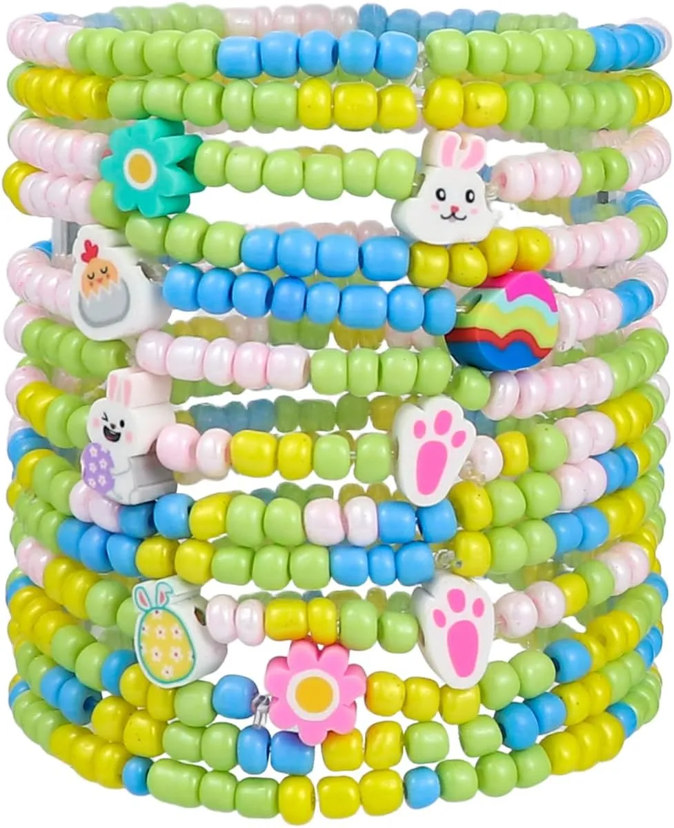 Easter Beaded Stretch Bracelets for Women Rabbit Flower Egg Layered Bohemian Easter Friendship Bracelet