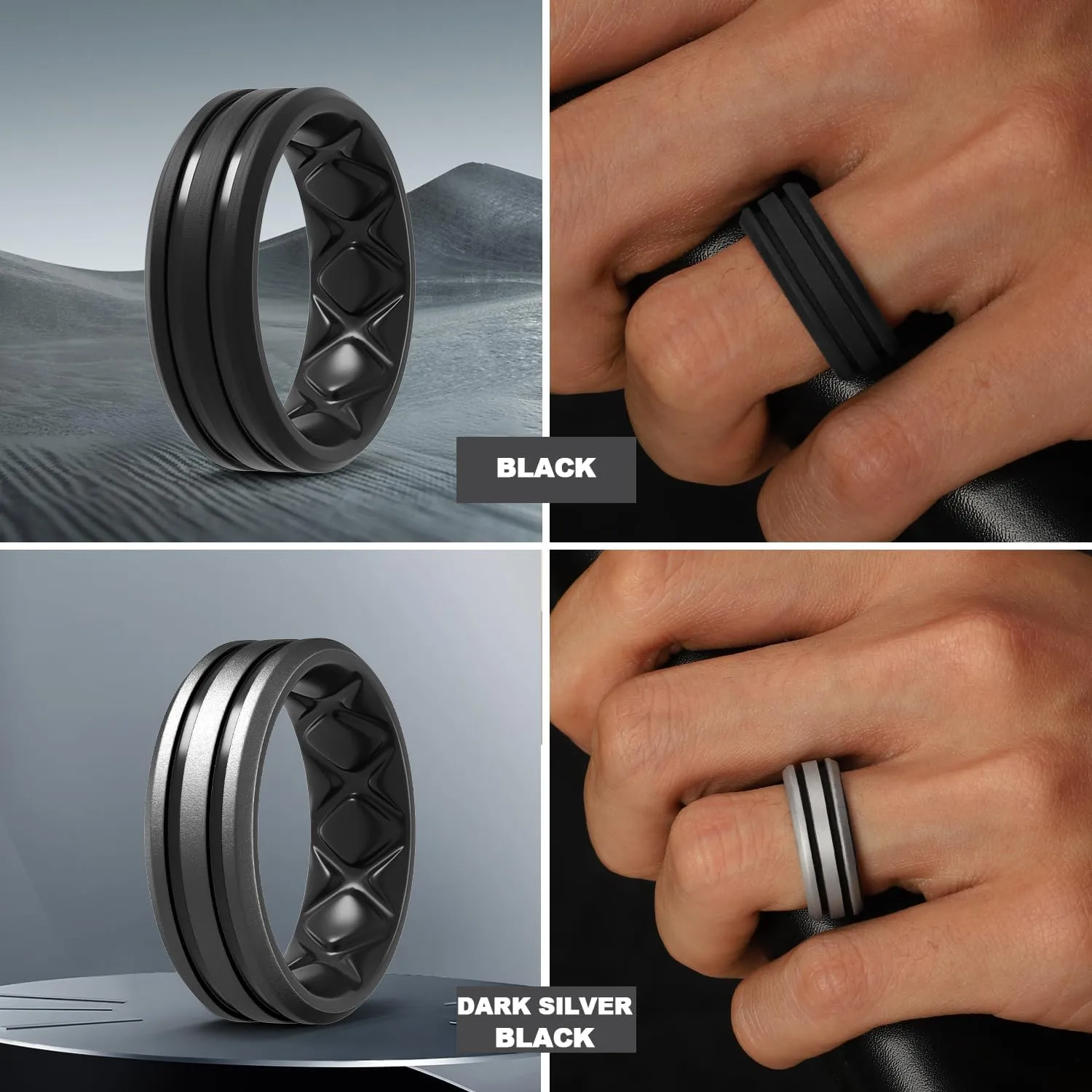 Egnaro Silicone Ring for Him with 2 Layers, Multicolor Rubber Wedding Bands with Air Flow Grooves-1/4/6/7 Variety Multipack
