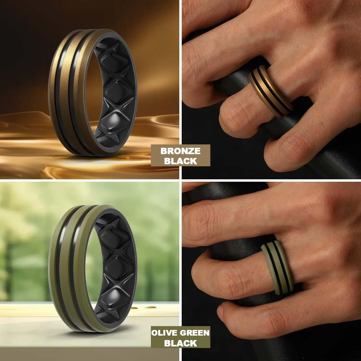 Egnaro Silicone Ring for Him with 2 Layers, Multicolor Rubber Wedding Bands with Air Flow Grooves-1/4/6/7 Variety Multipack
