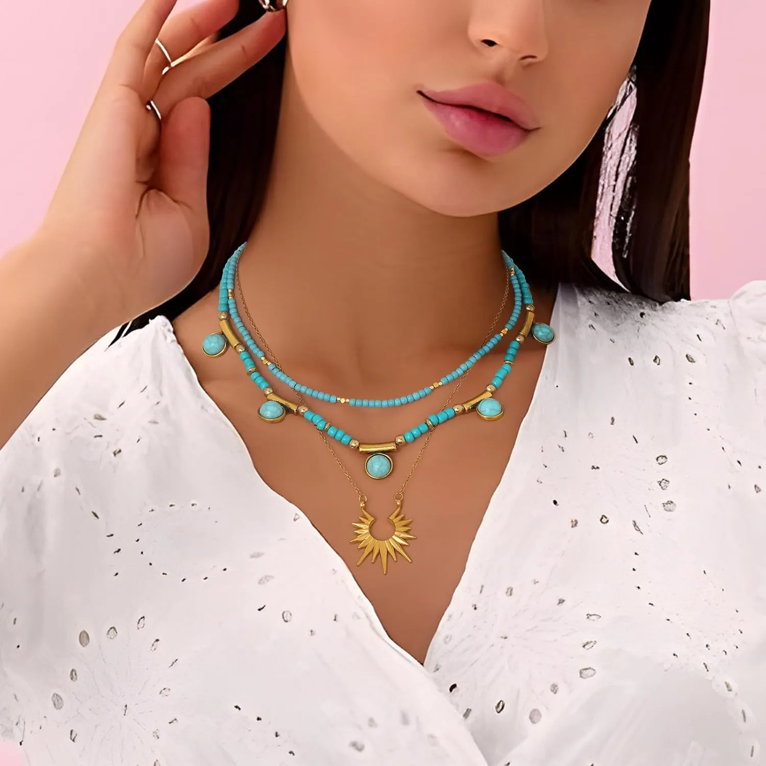 ELABEST Layered Beaded Necklace Turquoise Choker Necklaces Boho Jwelery for Women