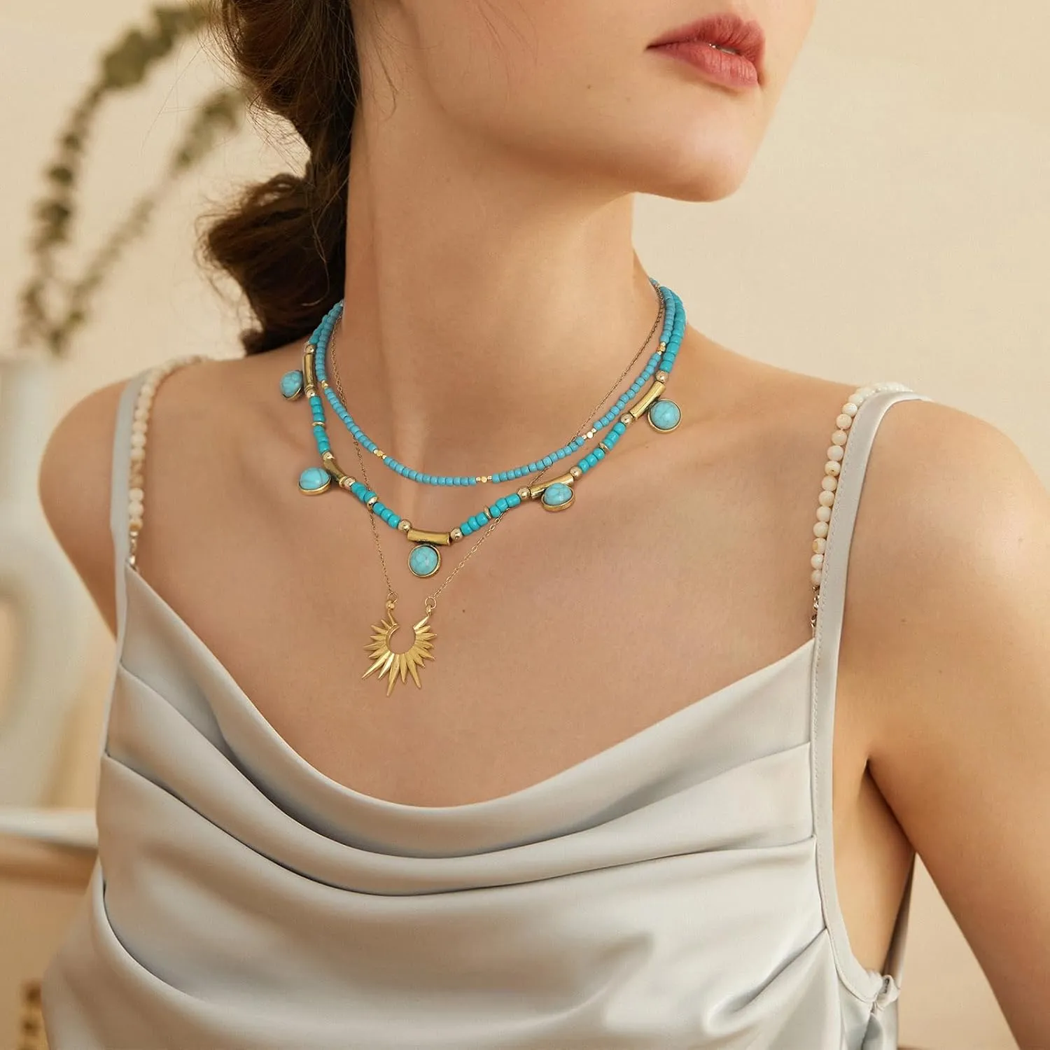 ELABEST Layered Beaded Necklace Turquoise Choker Necklaces Boho Jwelery for Women