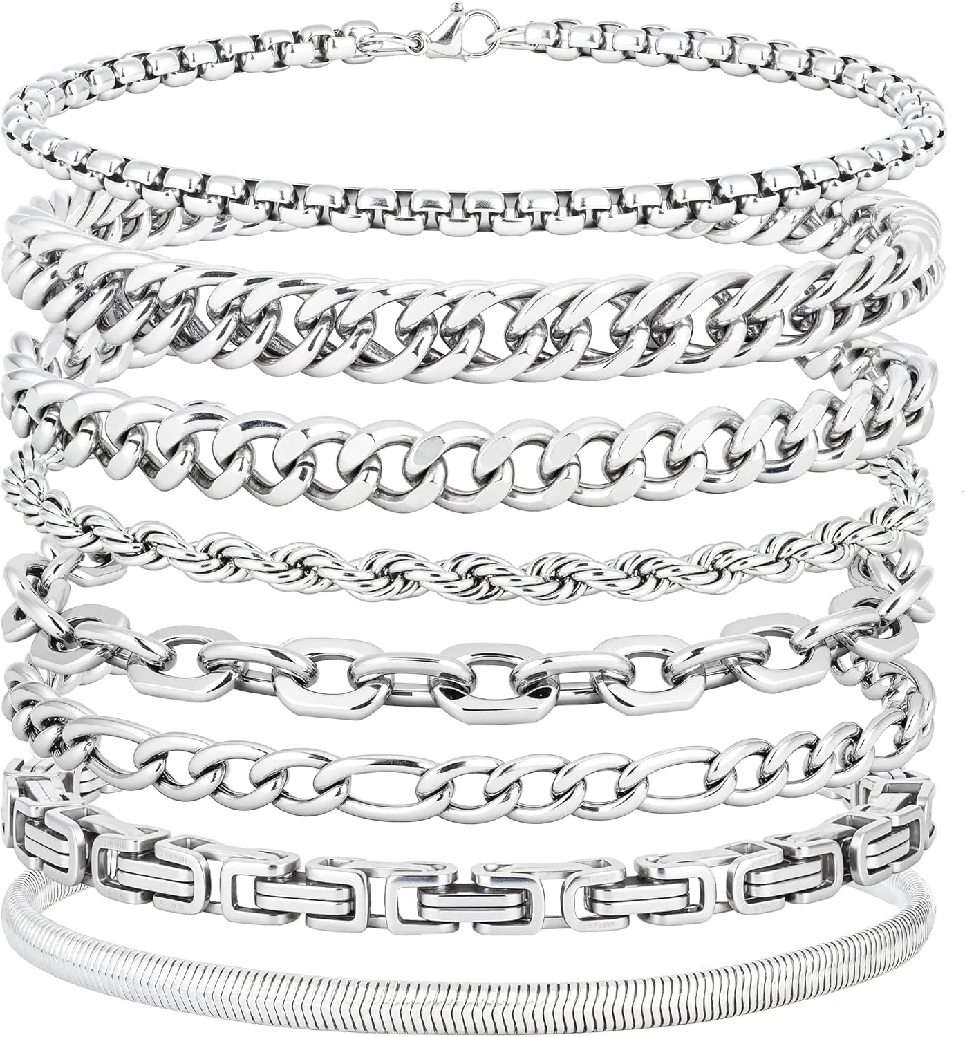ELLEWIN Chain Bracelet for Men Stainless Steel Cuban Link Curb Figaro Herringbone Rope Paperclip Snake Byzantine Curb Chunky Chain Silver Bracelets Jewelry Set for Men 8.3 Inches