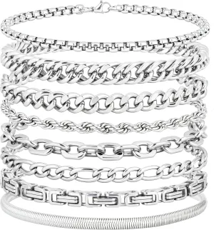 ELLEWIN Chain Bracelet for Men Stainless Steel Cuban Link Curb Figaro Herringbone Rope Paperclip Snake Byzantine Curb Chunky Chain Silver Bracelets Jewelry Set for Men 8.3 Inches