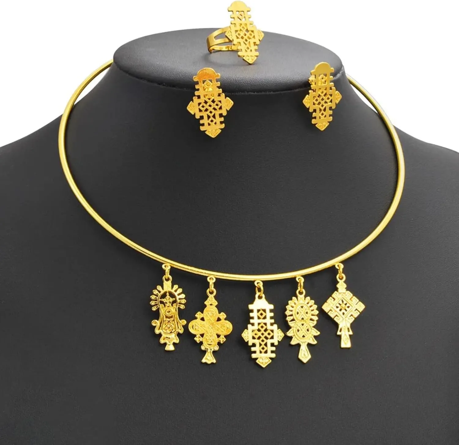 Ethiopian Jewelry - Ethiopian Cross - Ethiopian Jewelry for Women Set - Eritrea Ethnic Jewelry Sets with Cross Chokers Earrings Ring Bracelet for Women Africa Wedding Party Gift