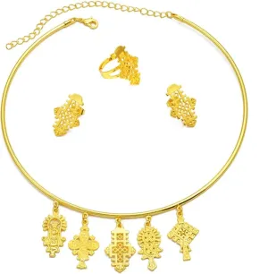 Ethiopian Jewelry - Ethiopian Cross - Ethiopian Jewelry for Women Set - Eritrea Ethnic Jewelry Sets with Cross Chokers Earrings Ring Bracelet for Women Africa Wedding Party Gift