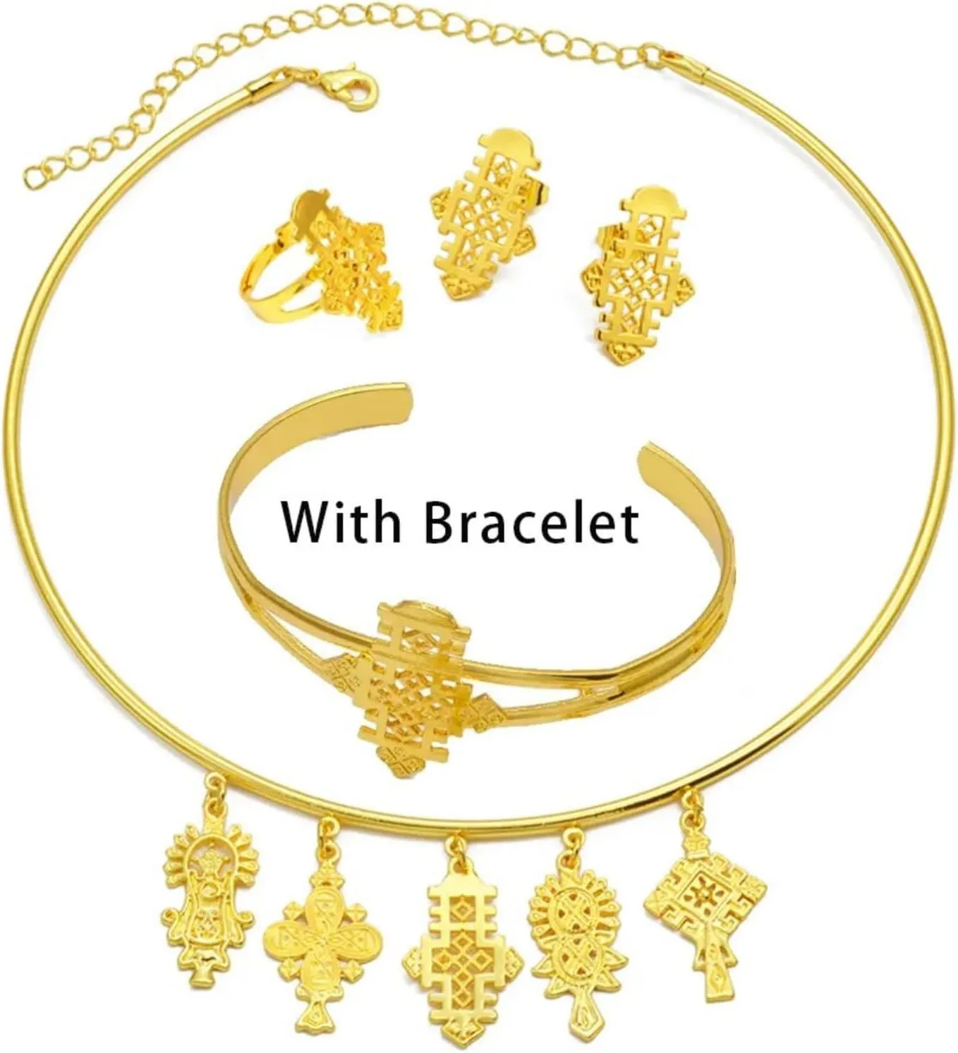 Ethiopian Jewelry - Ethiopian Cross - Ethiopian Jewelry for Women Set - Eritrea Ethnic Jewelry Sets with Cross Chokers Earrings Ring Bracelet for Women Africa Wedding Party Gift
