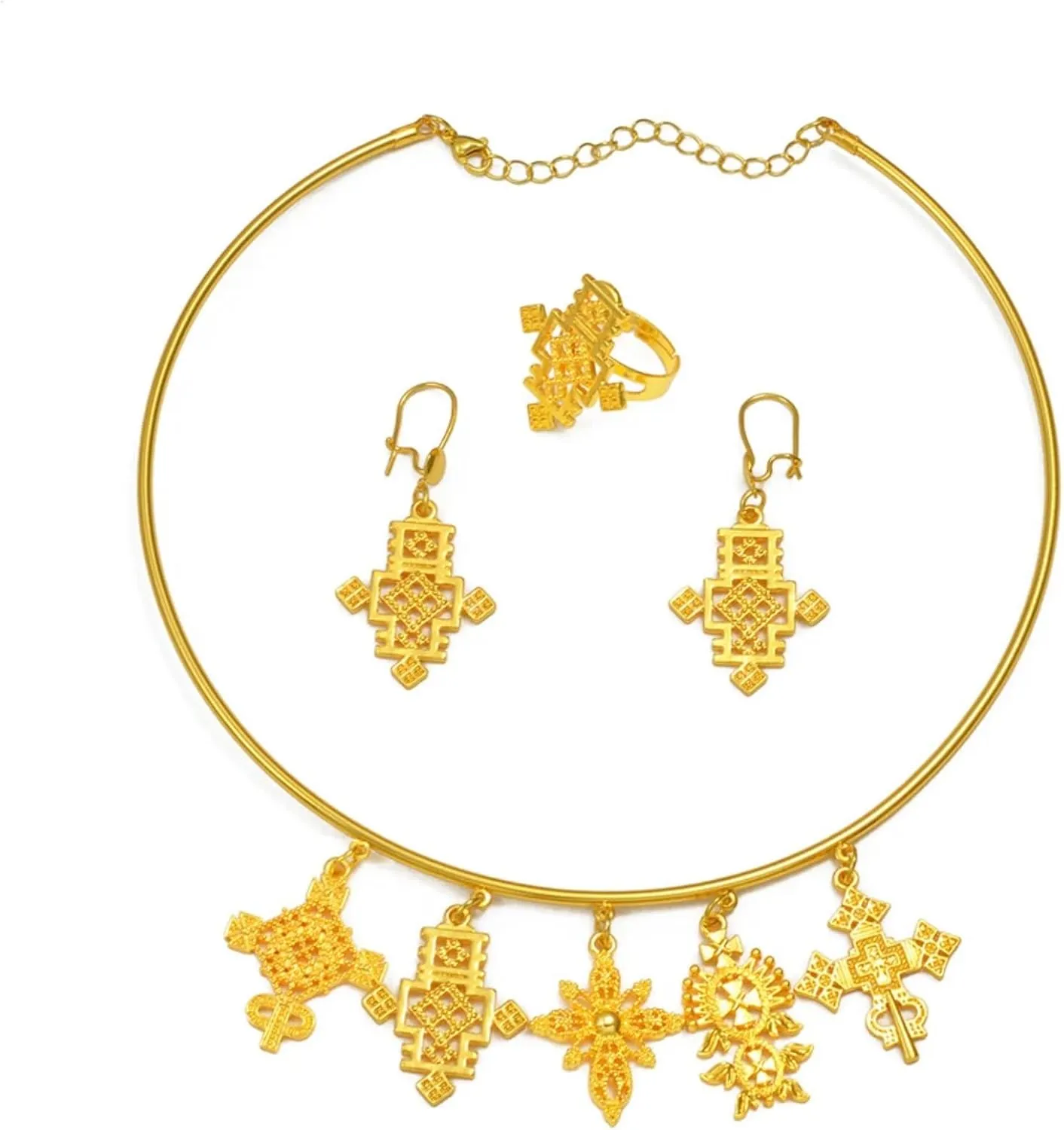 Ethiopian Jewelry - Ethiopian Cross - Ethiopian Jewelry for Women Set - Eritrea Ethnic Jewelry Sets with Cross Chokers Earrings Ring Bracelet for Women Africa Wedding Party Gift