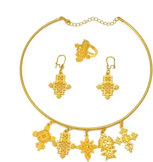 Ethiopian Jewelry - Ethiopian Cross - Ethiopian Jewelry for Women Set - Eritrea Ethnic Jewelry Sets with Cross Chokers Earrings Ring Bracelet for Women Africa Wedding Party Gift