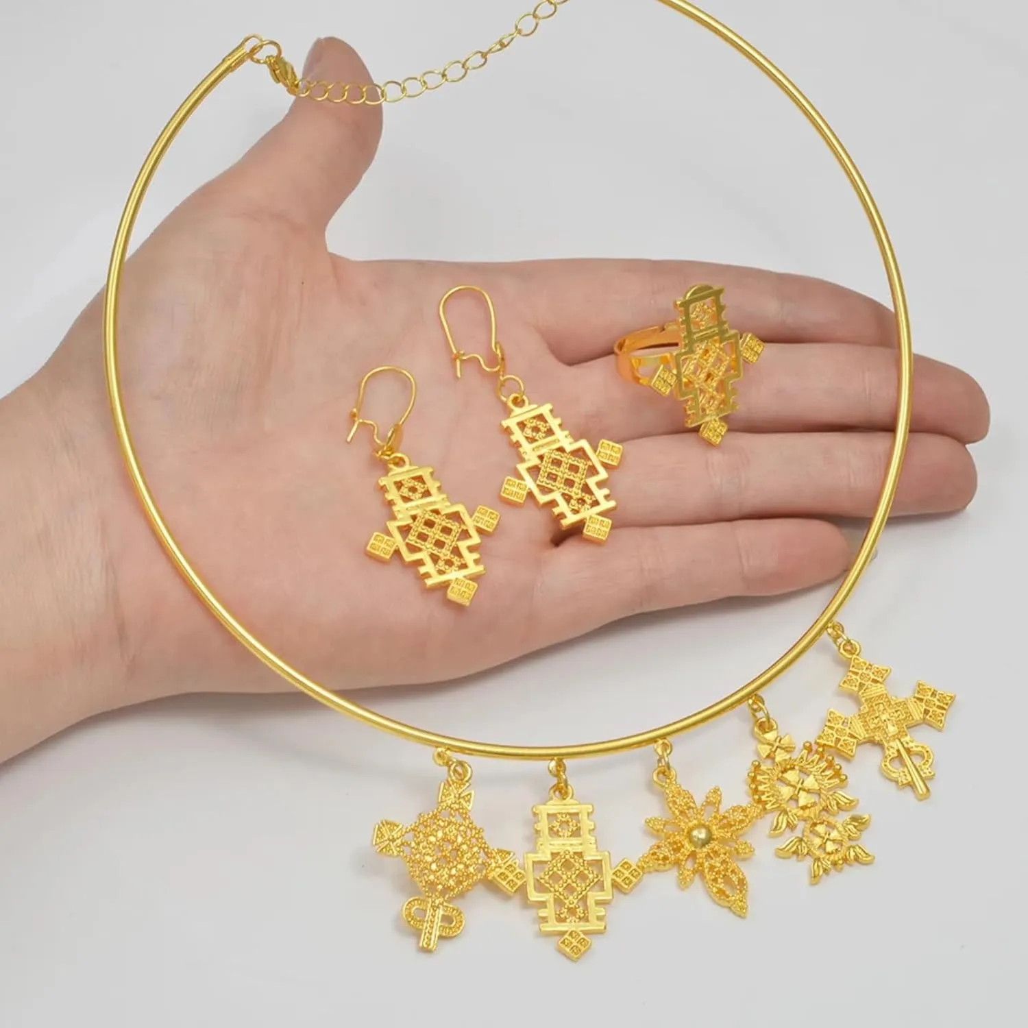 Ethiopian Jewelry - Ethiopian Cross - Ethiopian Jewelry for Women Set - Eritrea Ethnic Jewelry Sets with Cross Chokers Earrings Ring Bracelet for Women Africa Wedding Party Gift