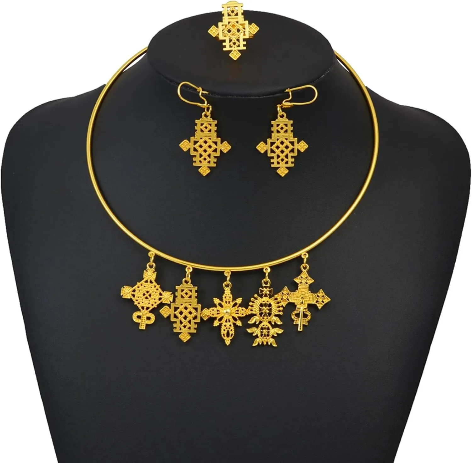 Ethiopian Jewelry - Ethiopian Cross - Ethiopian Jewelry for Women Set - Eritrea Ethnic Jewelry Sets with Cross Chokers Earrings Ring Bracelet for Women Africa Wedding Party Gift