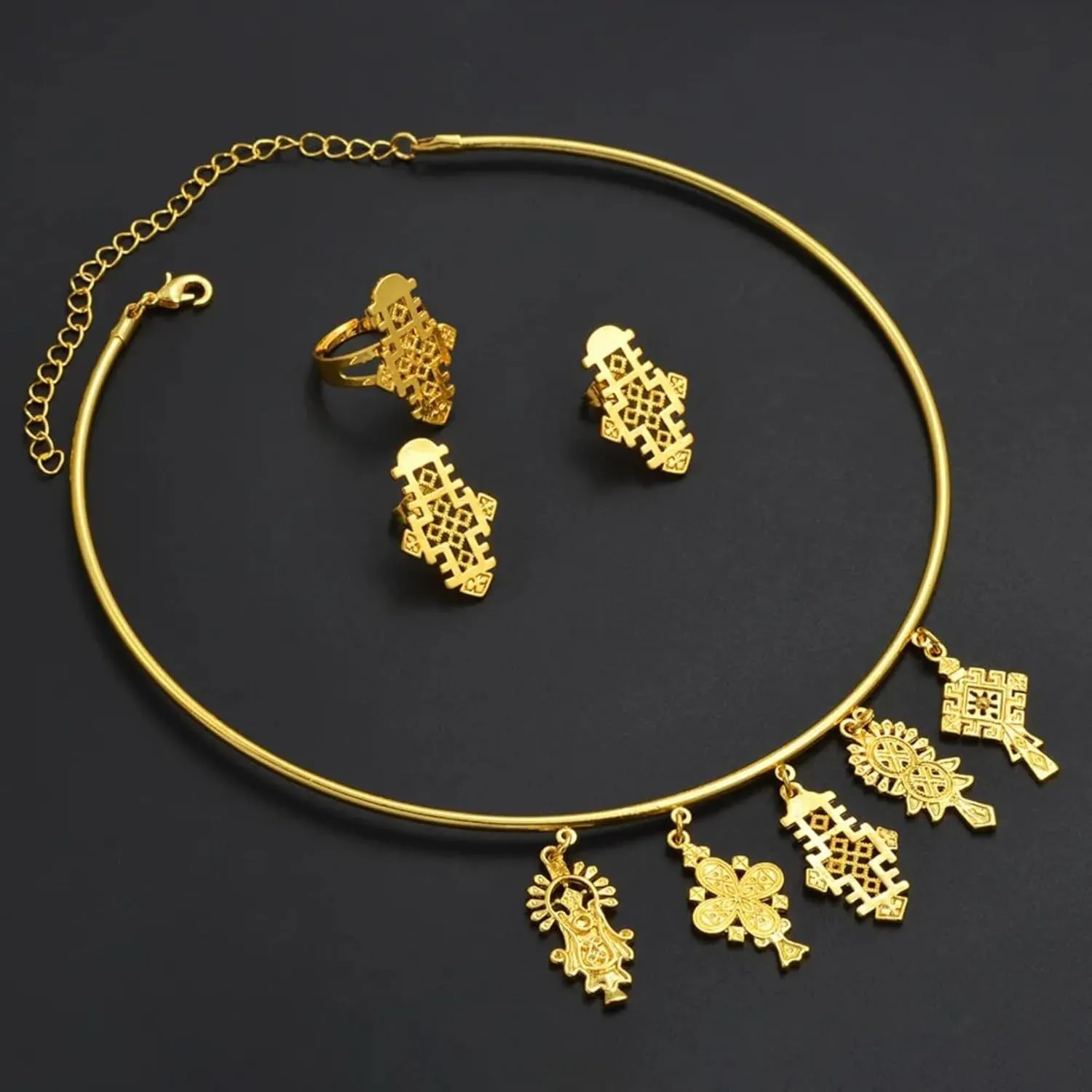 Ethiopian Jewelry - Ethiopian Cross - Ethiopian Jewelry for Women Set - Eritrea Ethnic Jewelry Sets with Cross Chokers Earrings Ring Bracelet for Women Africa Wedding Party Gift