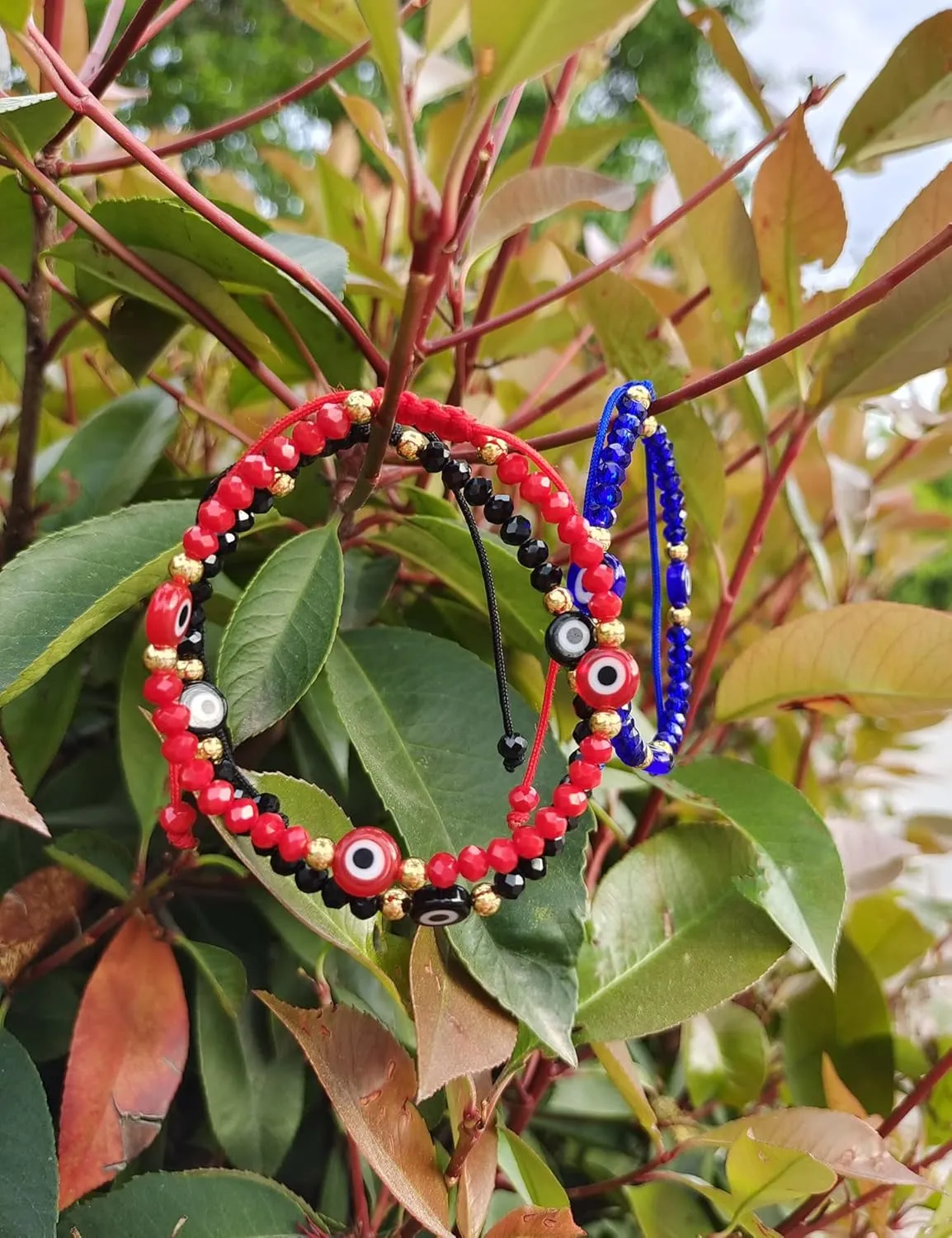 Evil Eye Beaded Bracelets for Women - Amulet Blue Red Protection Bracelet - Good Luck Adjustable Strand Bracelets