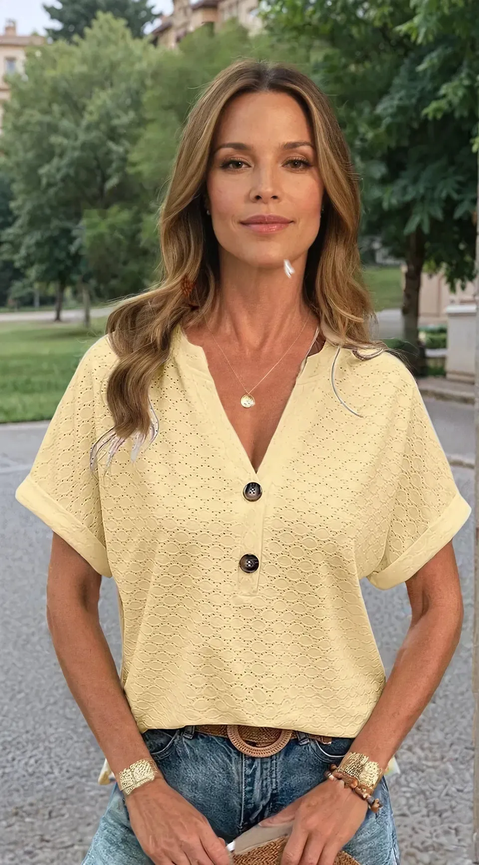 Exura - Casual V-Neck Solid Color Blouse