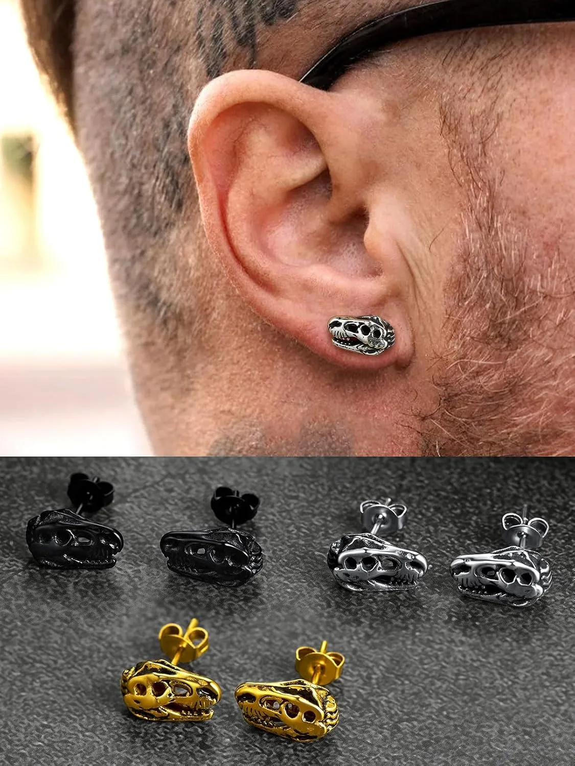 FaithHeart Viking Animals Huggie Hoop Earrings for Men, Gothic Dragon/Snake/Dinosaur/Wolf Earrings Stainless Steel Hypoallergenic Lightweight Stud Earrings Mens Punk Rock Jewelry Gift
