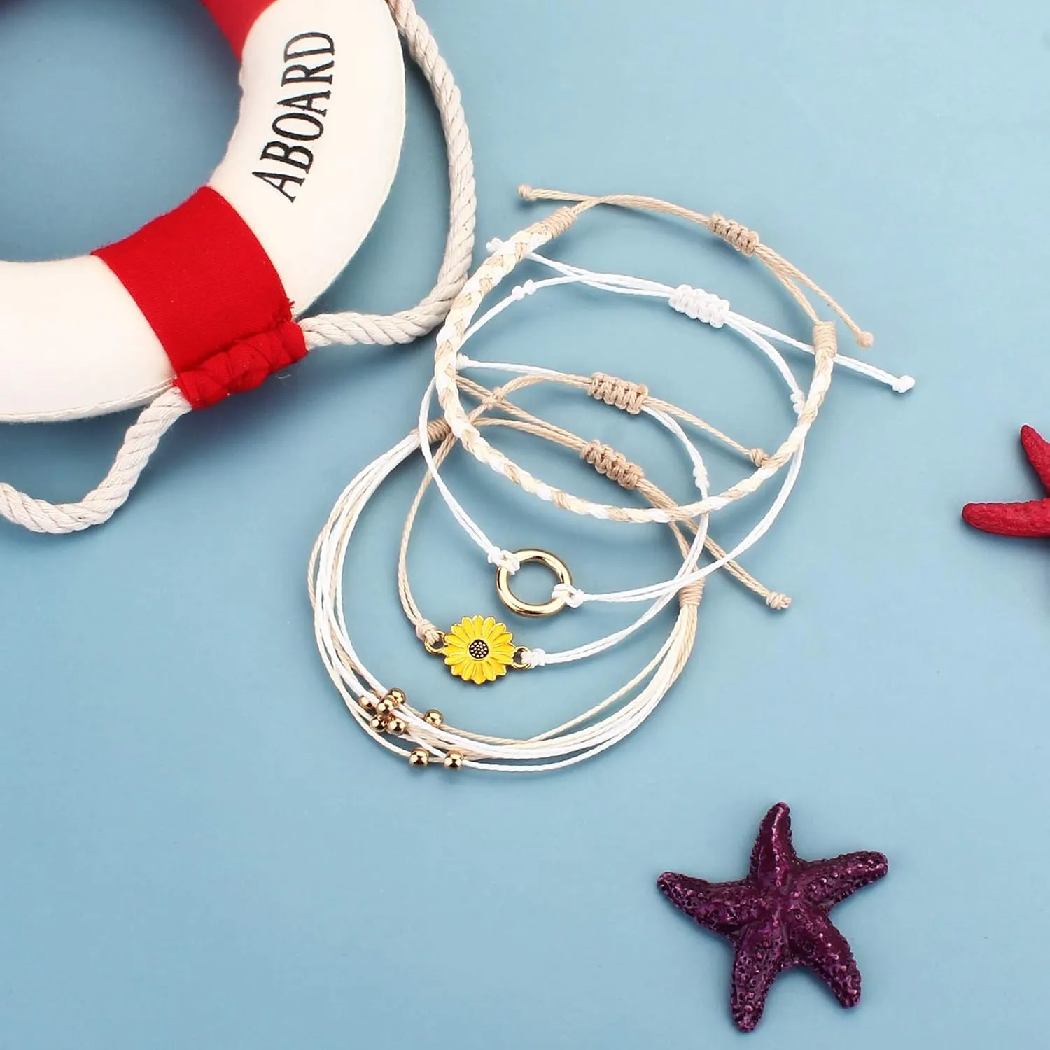 FANCY SHINY Sunflower String Bracelet Handmade Braided Rope Charms Boho Surfer Bracelet for Women Easter Gifts