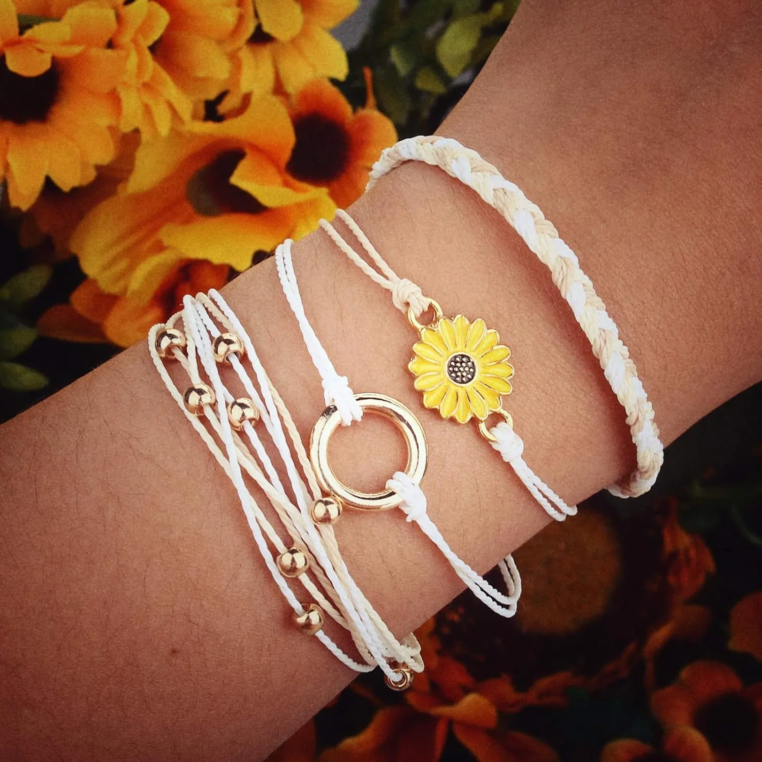 FANCY SHINY Sunflower String Bracelet Handmade Braided Rope Charms Boho Surfer Bracelet for Women Easter Gifts