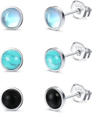 Fansilver 925 Sterling Silver Stud Earrings for Womens Moonstone Earrings Turquoise Black Earrings Round Gemstone Stud Gift Christmas Valentines Day
