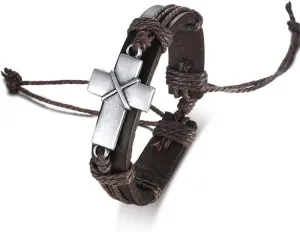 Fashion Month Vintage Men's Cross Leather Rope Link Bracelet Retro Christian Religious Prayer Wrap Bracelets Bangles Size Adjustable