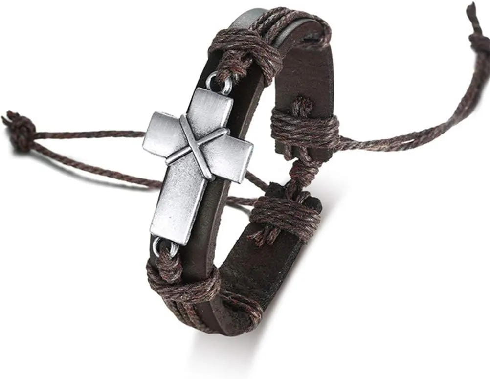 Fashion Month Vintage Men's Cross Leather Rope Link Bracelet Retro Christian Religious Prayer Wrap Bracelets Bangles Size Adjustable