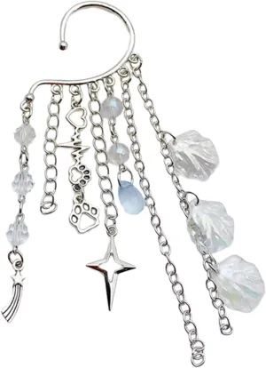 Fashionable Metal Ear Cuff with Chain Unique Ocean Shell Pendant Ear Dangle Stylish Beaded Fringes Ear Cuff Accessory, 13cm, Transparent