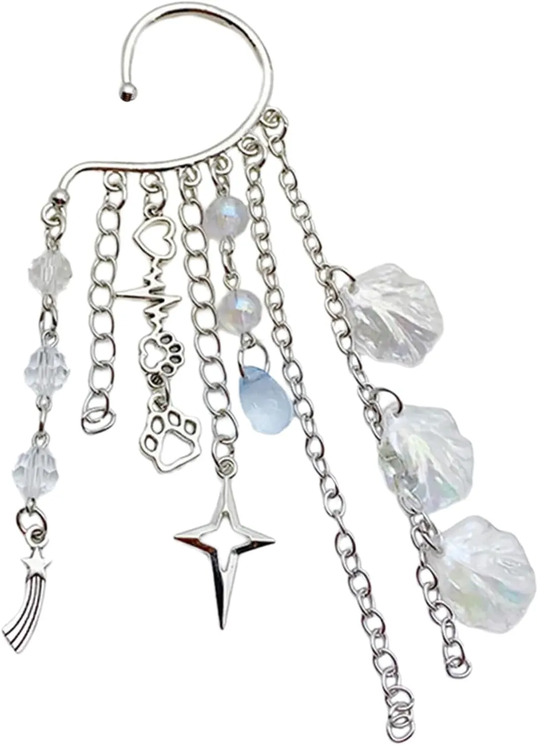 Fashionable Metal Ear Cuff with Chain Unique Ocean Shell Pendant Ear Dangle Stylish Beaded Fringes Ear Cuff Accessory, 13cm, Transparent