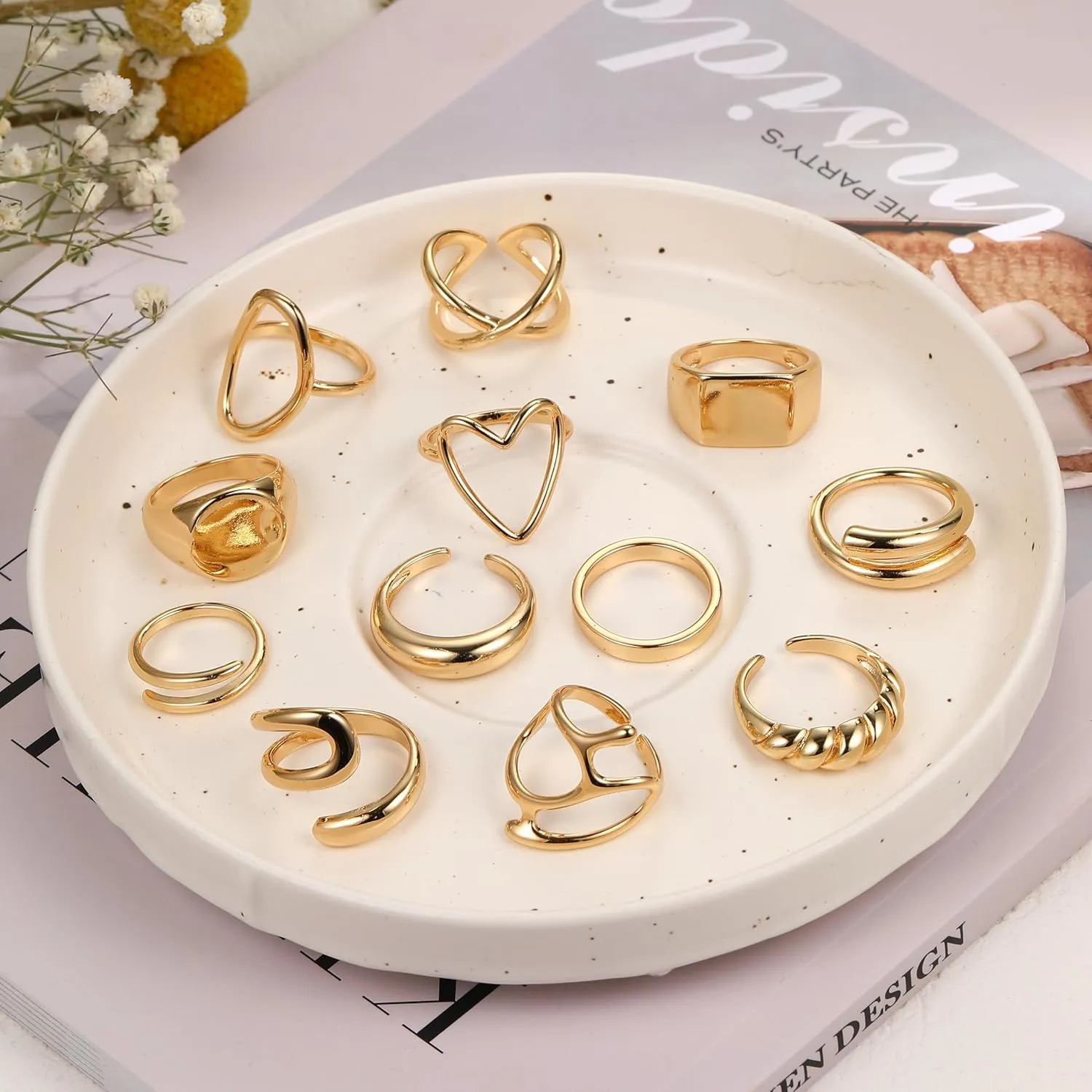 FAXHION 12PCS Gold Stackable Rings Set for Women, 18K Gold Plated Open Stacking Knuckle Ring, Adjustable Chunky Signet Rings for Gift