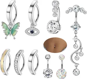 FIBO STEEL 9 PCS 14G Belly Button Ring Clicker Belly Button Ring Surgical Steel Belly Rings For Women CZ Navel Piercing Jewelry Silver Gold Belly Button Rings Pack Dangle Butterfly Evil Eye