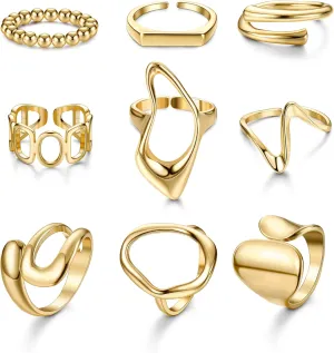 FIBO STEEL 9 Pcs Gold Chunky Rings for Women 18K Gold Plated Ring Set Dome Thick Open Rings Adjustable