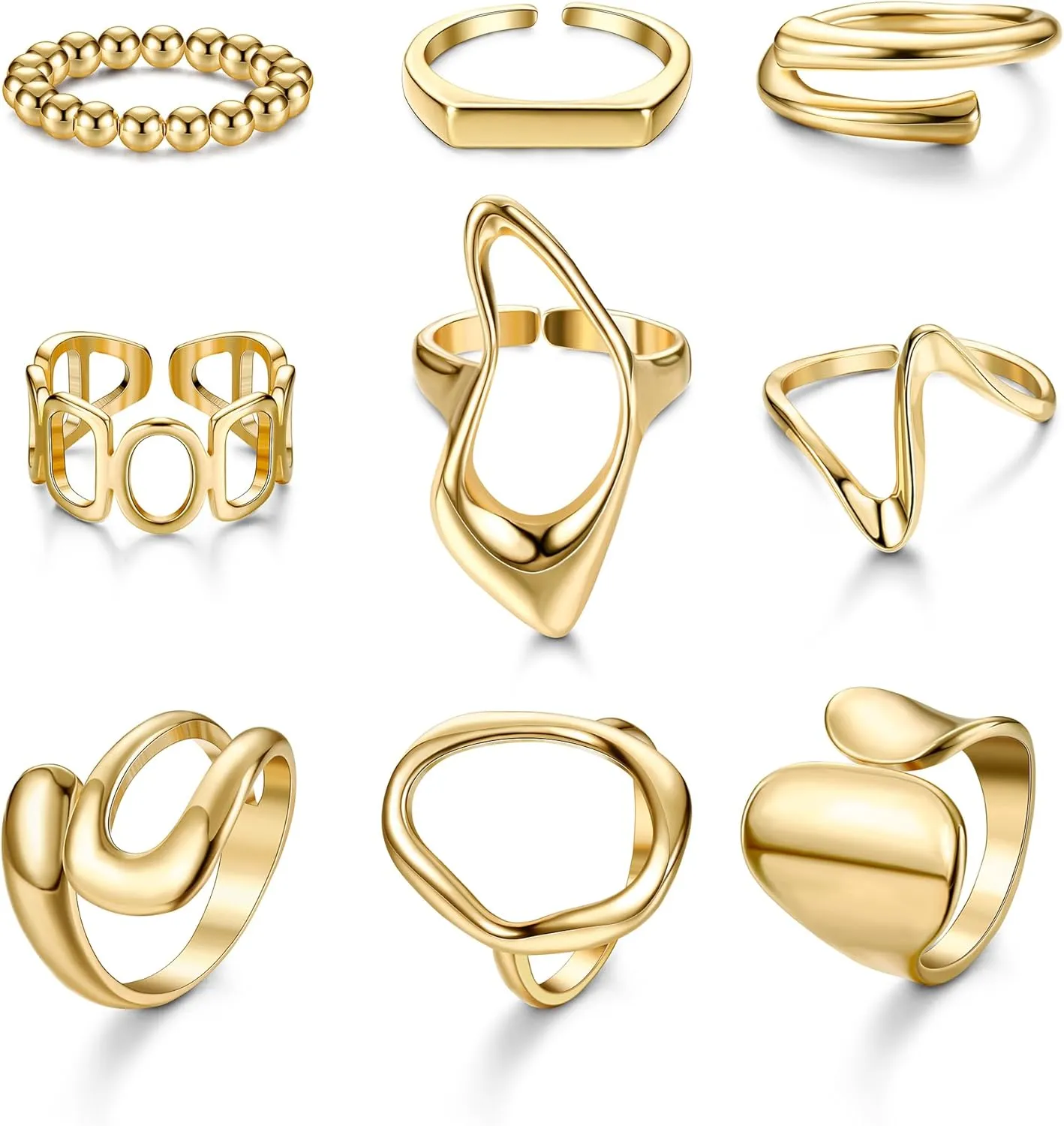 FIBO STEEL 9 Pcs Gold Chunky Rings for Women 18K Gold Plated Ring Set Dome Thick Open Rings Adjustable
