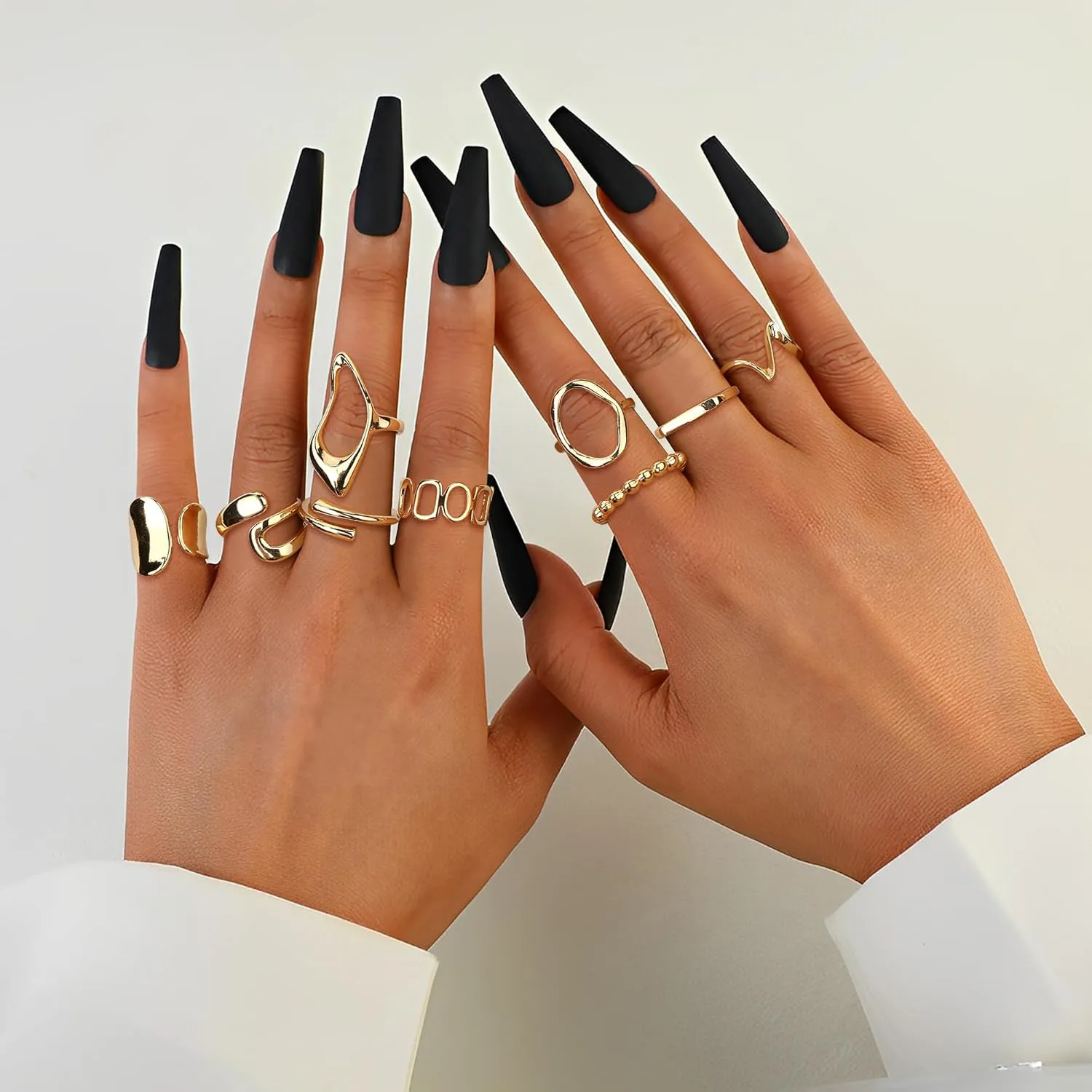 FIBO STEEL 9 Pcs Gold Chunky Rings for Women 18K Gold Plated Ring Set Dome Thick Open Rings Adjustable