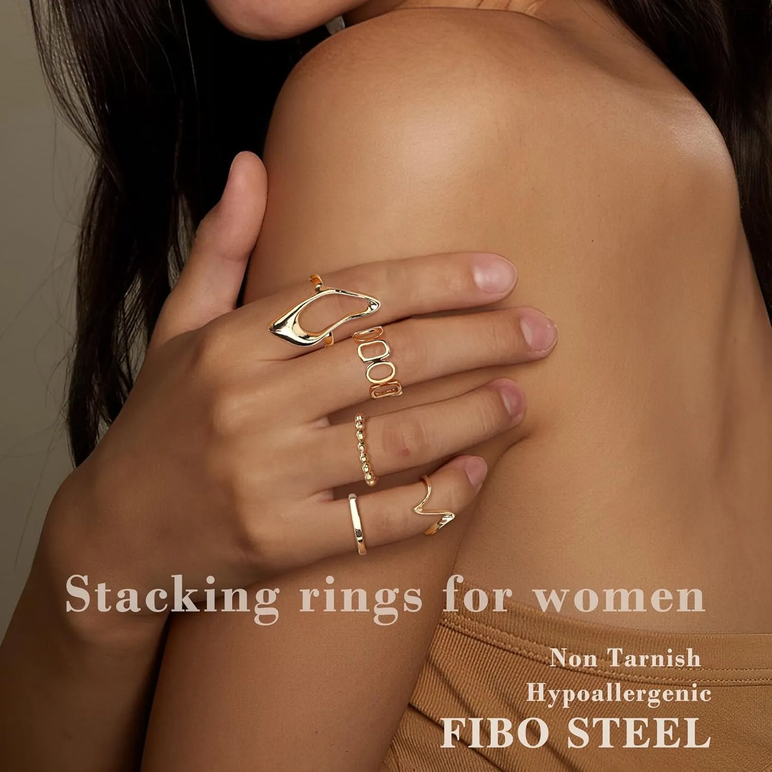 FIBO STEEL 9 Pcs Gold Chunky Rings for Women 18K Gold Plated Ring Set Dome Thick Open Rings Adjustable