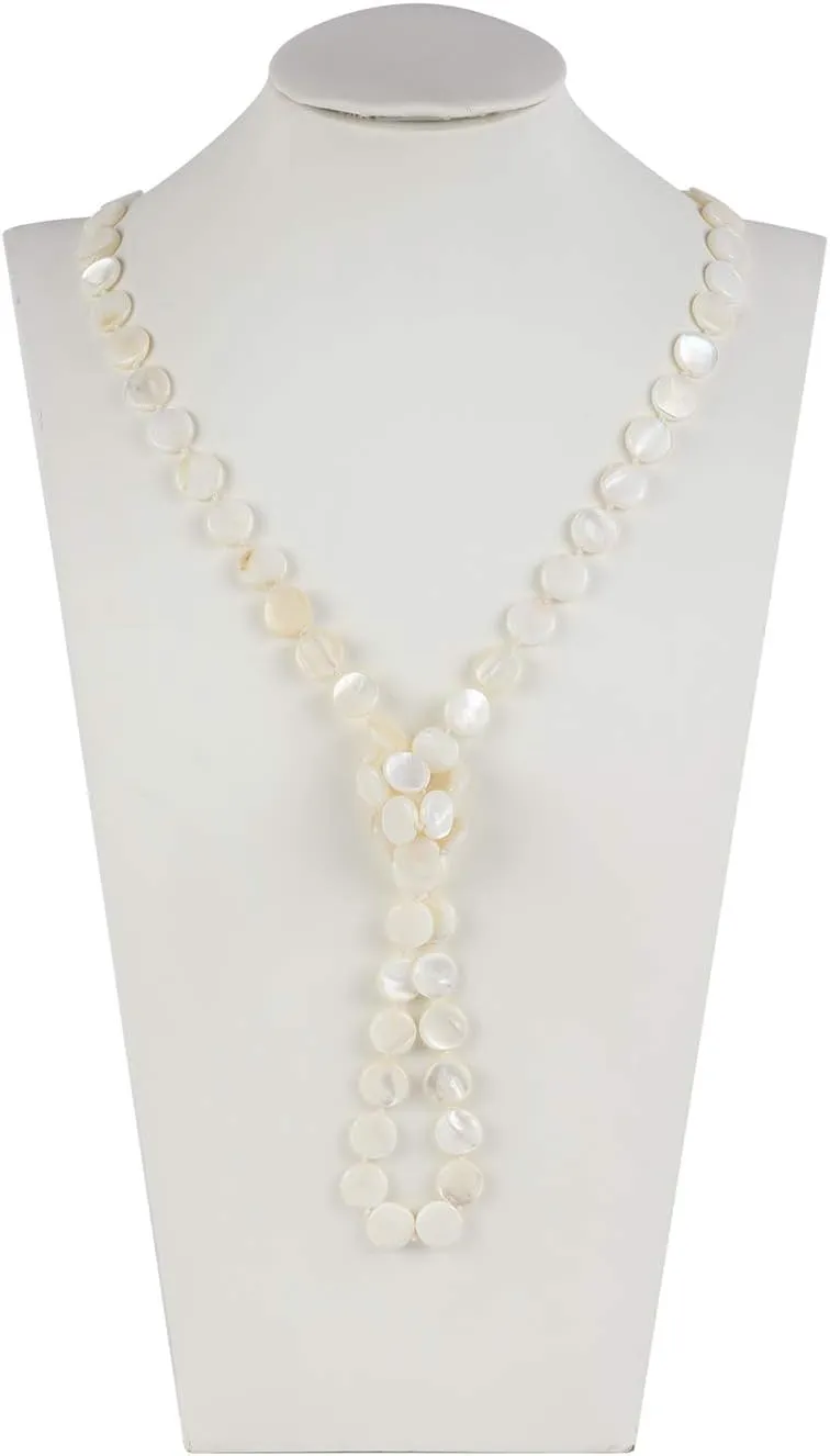Firstmeet Flat Round Coin Shell Beads Long Knotted Necklace Natural Mother of Pearl Handmade Jewelry For Women