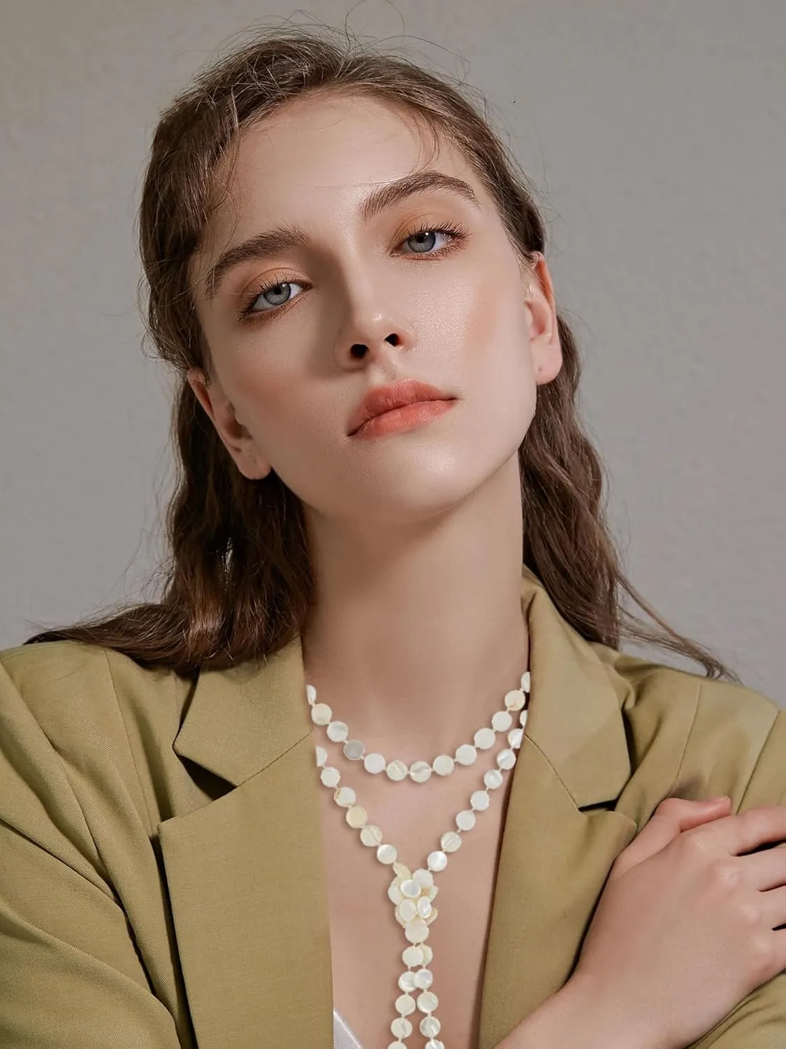 Firstmeet Flat Round Coin Shell Beads Long Knotted Necklace Natural Mother of Pearl Handmade Jewelry For Women