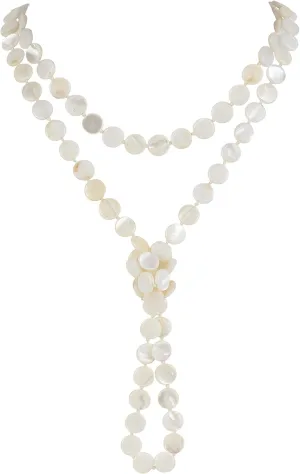 Firstmeet Flat Round Coin Shell Beads Long Knotted Necklace Natural Mother of Pearl Handmade Jewelry For Women
