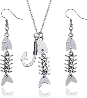 Fish Bone Grunge Necklace Earrings for Women Gothic Y2K Jewelry Set Weird Punk Fishing Necklace Earrings Fish Skeleton Dangle Earring Emo Jewelry