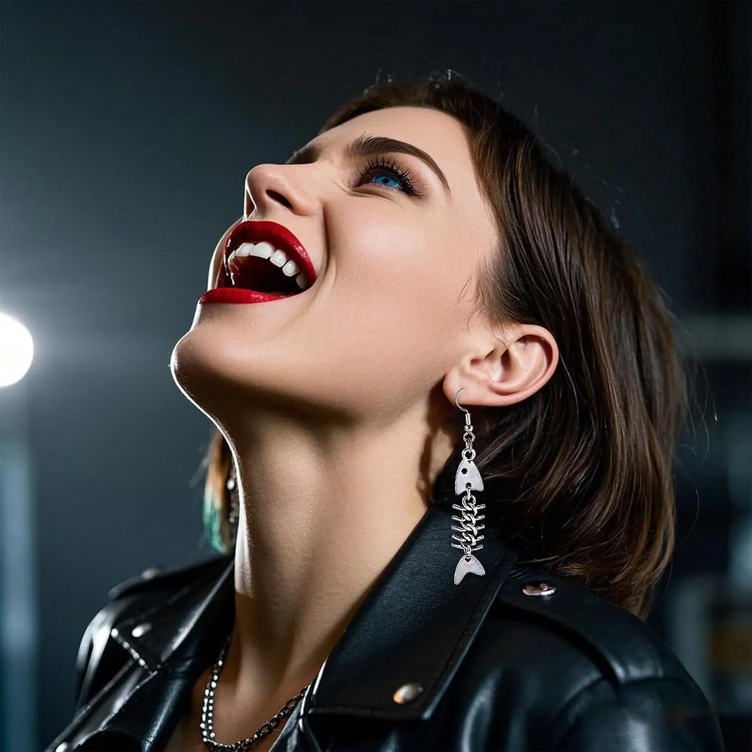 Fish Bone Grunge Necklace Earrings for Women Gothic Y2K Jewelry Set Weird Punk Fishing Necklace Earrings Fish Skeleton Dangle Earring Emo Jewelry