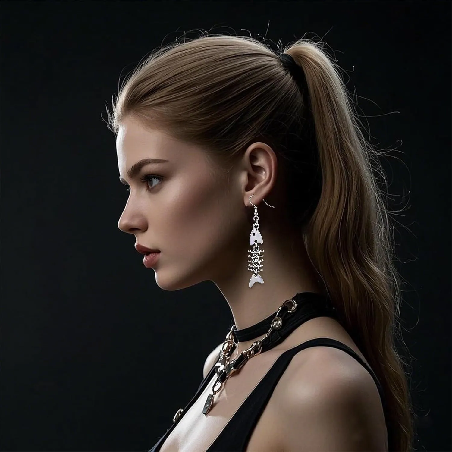 Fish Bone Grunge Necklace Earrings for Women Gothic Y2K Jewelry Set Weird Punk Fishing Necklace Earrings Fish Skeleton Dangle Earring Emo Jewelry