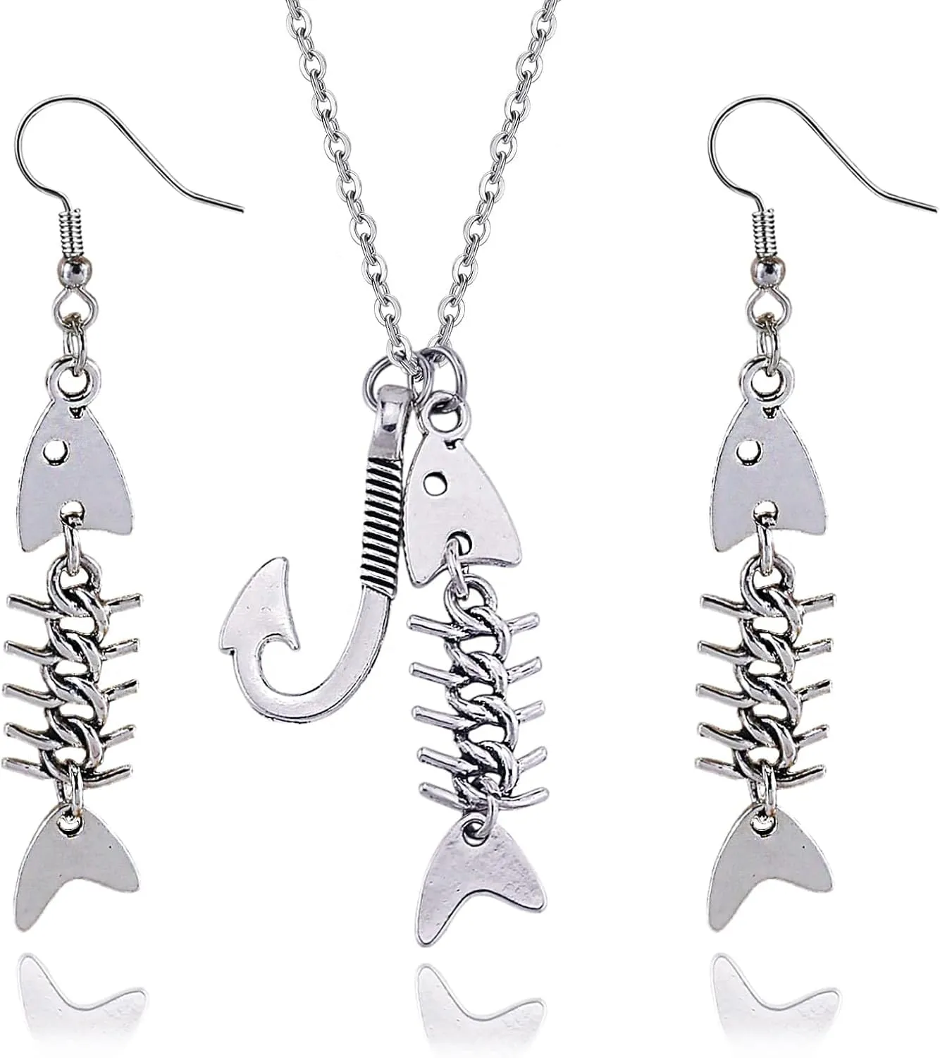 Fish Bone Grunge Necklace Earrings for Women Gothic Y2K Jewelry Set Weird Punk Fishing Necklace Earrings Fish Skeleton Dangle Earring Emo Jewelry