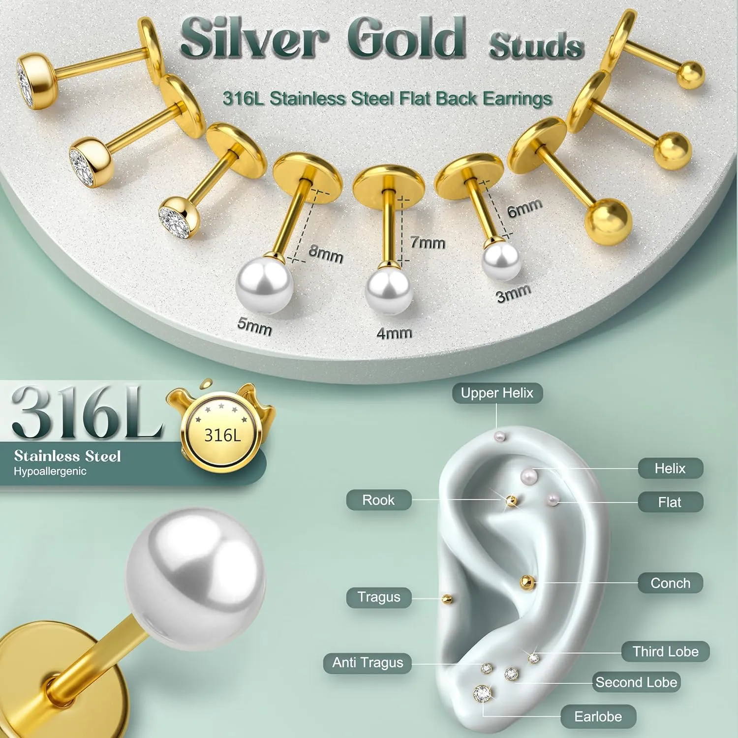 Flat Back Earrings Stud : 14K Gold Filled Titanium Surgical Steel Earrings Hypoallergenic for Women Men 18G Cartilage Helix Tragus Conch Medusa Piercing Jewelry Dainty Stud Earring Set 3 Pair