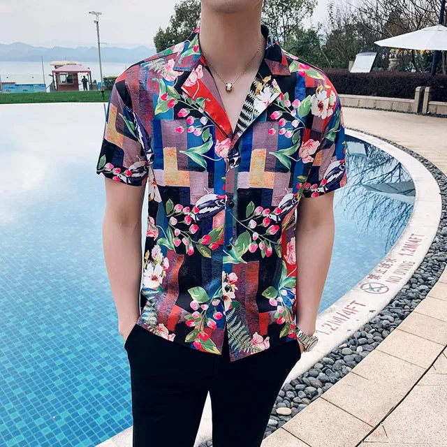 Flower in Plaid Brick Pattern Print Men Short Sleeves Shirts