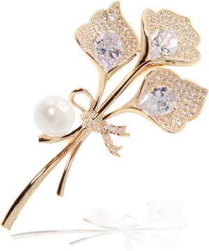 Flower Lily Brooch Pin Cubic Zirconia Pearl Setting Jewelry for Wedding Bridal Formal Fashion Look